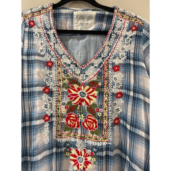 Kyla Seo blue white plaid floral embroidered short sleeve boho tunic shirt large - Picture 7 of 10